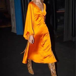 STAUD Long Balloon Sleeve Orange Satin Midi Dress size 0